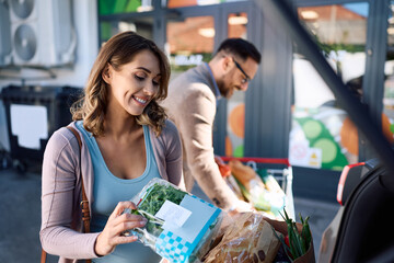 Happy pregnant woman packing groceries into car while shopping with her husband.