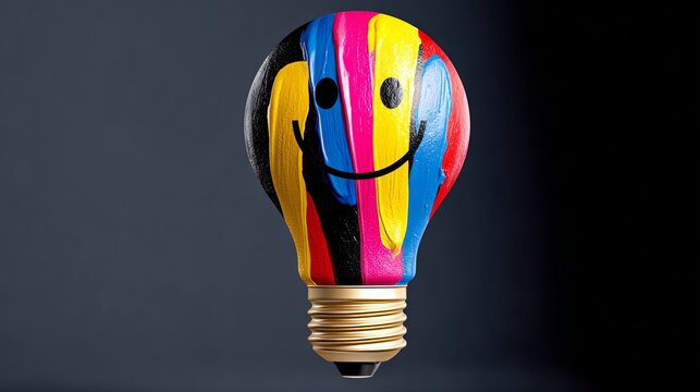 A colorful light bulb with a smiley face painted on it. The light bulb is a symbol of happiness and positivity