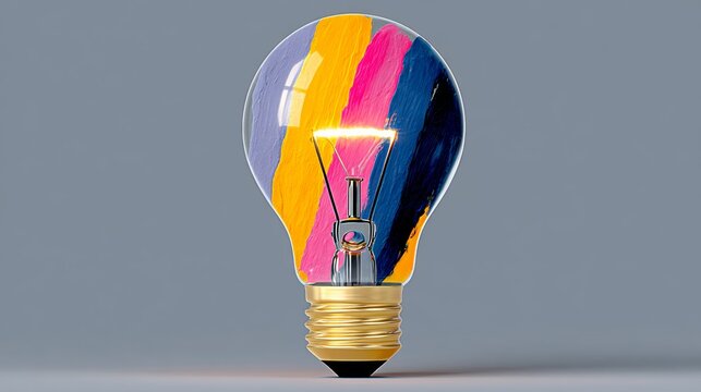 A light bulb with a colorful paint splatter on it. The light bulb is lit up, and the colors are bright and vibrant. Concept of creativity and inspiration, as the light bulb is a symbol of ideas