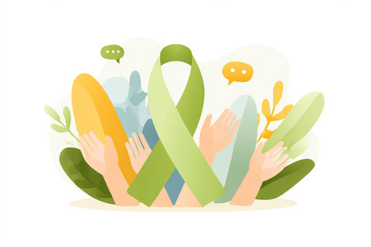 Green mental health ribbon flat vector illustration with supportive hands and nature elements