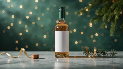 Artisan bottle showcased on festive table shimmering amid radiant bokeh lights framed with natural pine beside golden ribbon product display mockup template wallpaper background