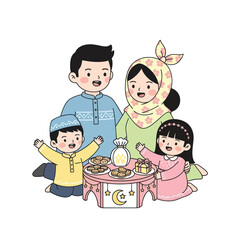 Happy Muslim Family Celebrating Eid with Traditional Food and Festive Decorations.