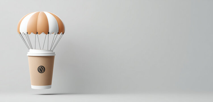 Coffee cup descending with parachute gentle delivery concept