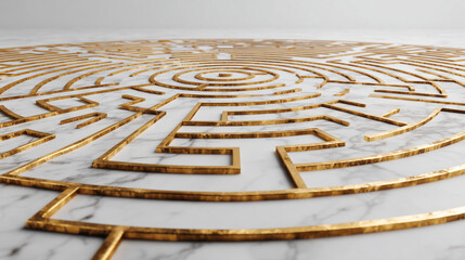 Golden maze on white marble background concept of challenge