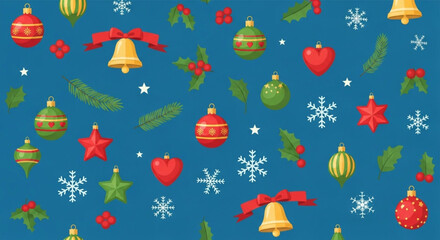 Fototapeta premium Seamless Christmas Pattern with Ornaments and Holiday Elements on Blue Background