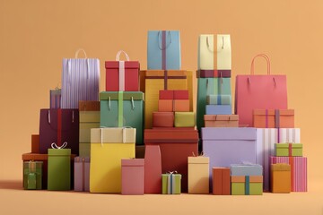 Colorful Stack of Gifts and Shopping Bags on Beige Background.