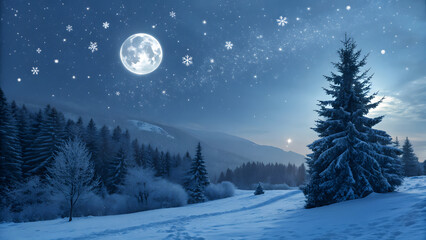 Dark Blue Winter Night Sky with Full Moon, Drifting Snowflakes, and Snowy Forest