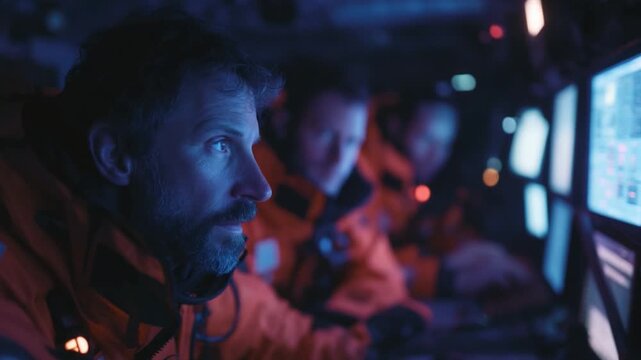 Ocean Exploration: In a dimly lit, high-tech environment, a group of focused professionals intently monitor complex data on screens, the deep blue glow illuminating their dedicated expressions. 