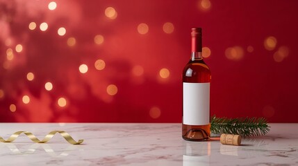 Charming seasonal bottle displayed atop vibrant tabletop surrounded by twinkling bokeh sparkles verdant evergreens luxurious gilded ribbon details product display mockup template wallpaper background