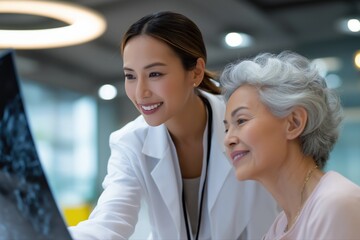 Asian female doctor consulting elderly patient in modern medical office