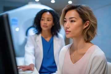 Asian female doctor and african female technician analyzing mri results in medical facility