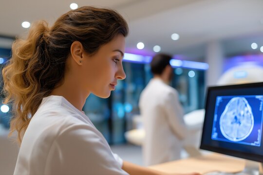 Female medical professional analyzing brain scan in modern hospital