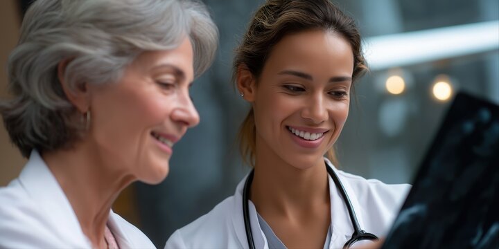 Mature and young female doctors analyzing x-ray in medical office