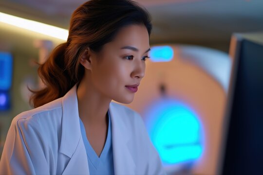 Asian female doctor analyzing data in modern medical facility