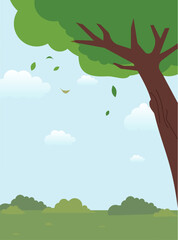 Spring landscape poster with green fields trees forest and clouds