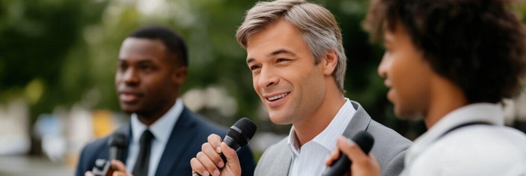 Diverse group of business professionals engaging in outdoor discussion