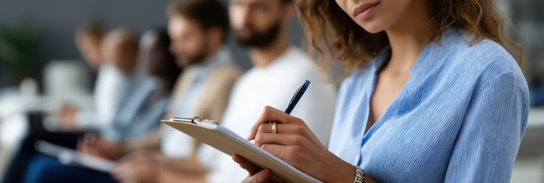 Diverse group of adults in business meeting taking notes