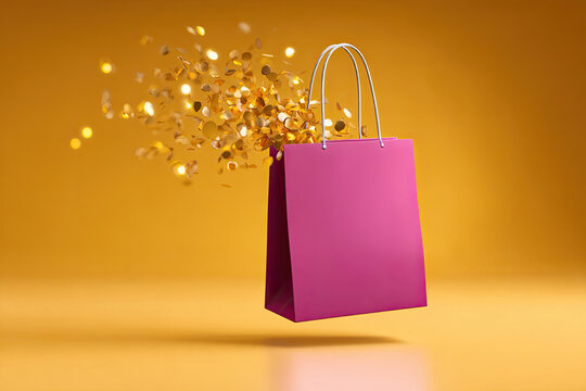 Pink shopping bag with exploding gold coins creating a vibrant and dynamic advertising concept