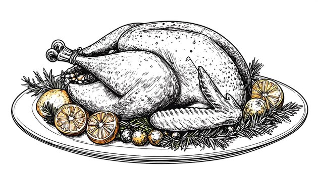 Hand-Drawn Thanksgiving Turkey Illustration with Citrus and Herbs. - Powered by Adobe