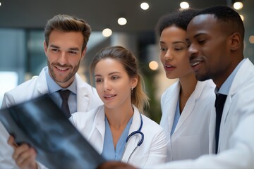 Diverse medical team analyzing x-ray results in hospital setting