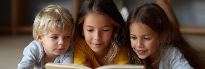 Three young children reading together indoors, caucasian boys and girls engaged in a book