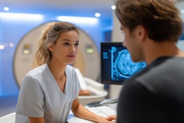 Female medical professional discussing mri results with male patient in hospital setting