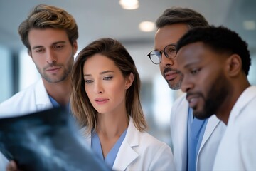 Diverse medical team analyzing x-ray in hospital setting with focused discussion