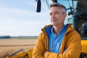 Confident mature caucasian male farmer in yellow jacket standing by harvesting equipment