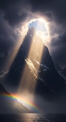Majestic mountain peak illuminated by sunlight breaking through dark clouds, with a rainbow reflecting on the water below, creating a dramatic and awe-inspiring landscape scene