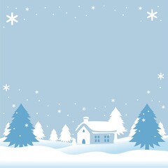 Naklejka premium Simple Winter Landscape Illustration with Falling Snow, House, and Trees