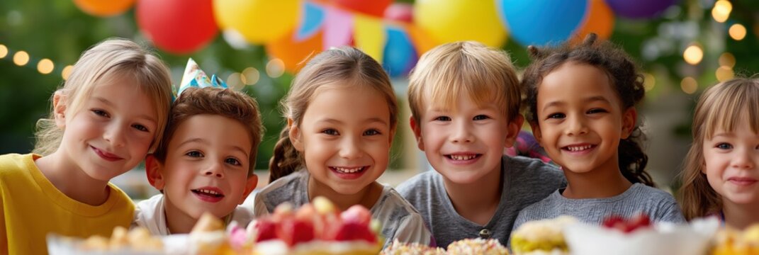 Cheerful group of diverse young children at a colorful birthday party celebration - Powered by Adobe