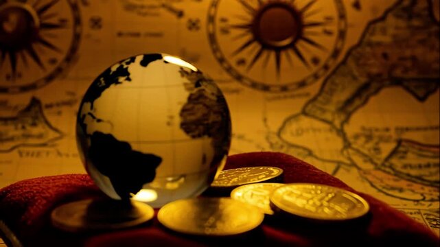 Globe gold coins on vintage map, warm golden light casts dramatic shadows, compass and antique coins surround. The atmosphere of travel, geography, history, treasures, or global trade and finance - Powered by Adobe