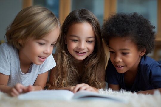 Three diverse children reading together happily on cozy carpet