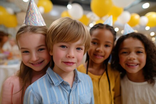 Happy children at birthday party with balloons and hats