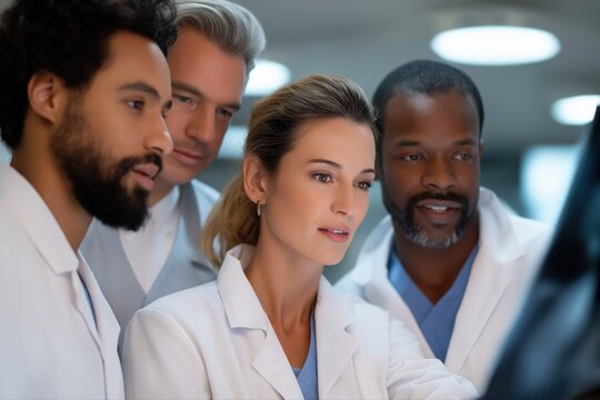 Diverse group of medical professionals analyzing x-ray images in hospital