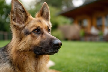 German shepherd dog relaxing on green lawn outside cozy home