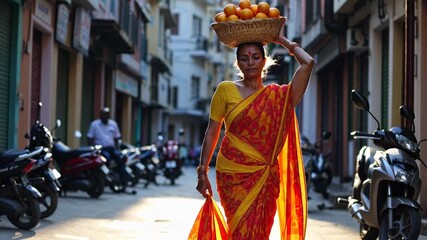woman walking carrying basket orange on head in sari. vendor market on narrow street. balancing fruit with warm sunlight. calm urban atmosphere with scooters and shuttered shops near colorful stalls. - Powered by Adobe
