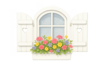 Cottage window with open shutters and a flower box, illustrating rustic charm and spring vibes