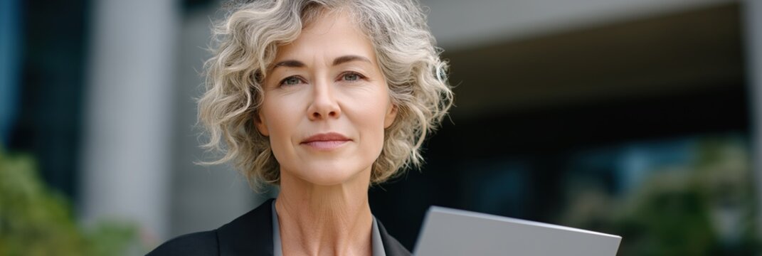 Confident caucasian mature female professional outdoors holding tablet