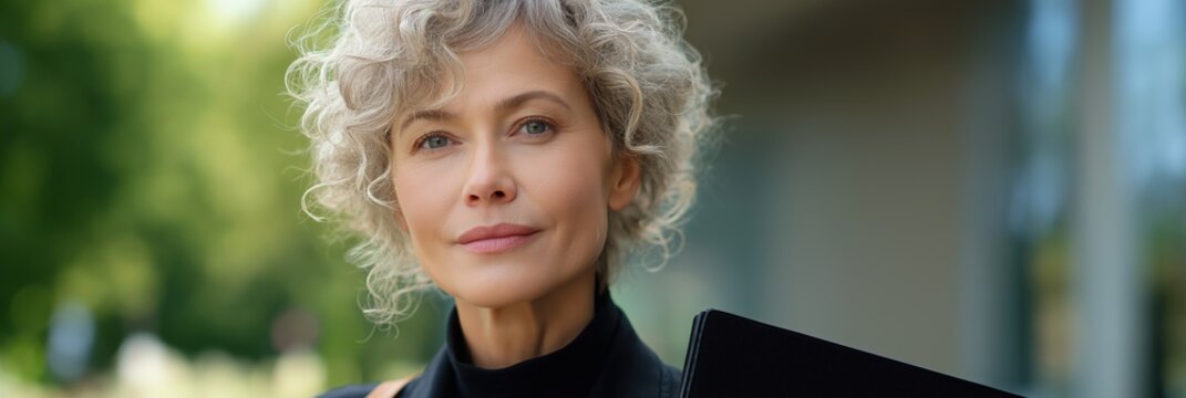 Mature caucasian female professional outdoors with laptop