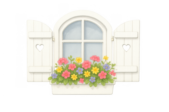 Cottage window with open shutters and a flower box, illustrating rustic charm and spring vibes