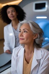 Obraz premium Mature caucasian female patient and african female doctor in medical setting