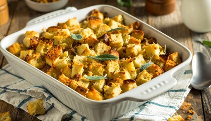 Homemade Thanksgiving Stuffing with Sage and Bread Cubes in Baking Dish.