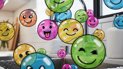 national doodle day colorful emojis raining into clean kitchen sink