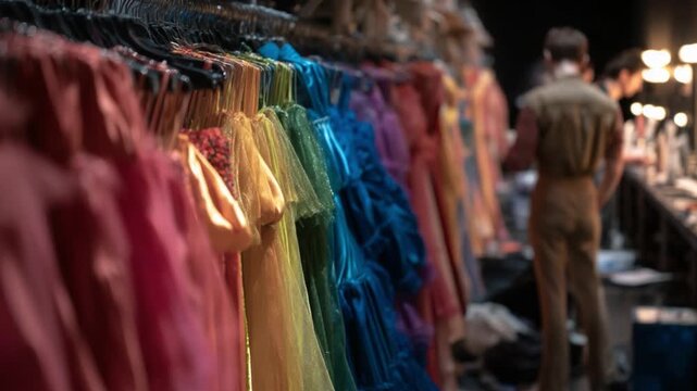 Dazzling Rainbow Dresses: A row of colorful dresses hangs in a stylish display, hinting at a world of fashion, creativity and elegance. The vibrant shades evoke feelings of artistry.