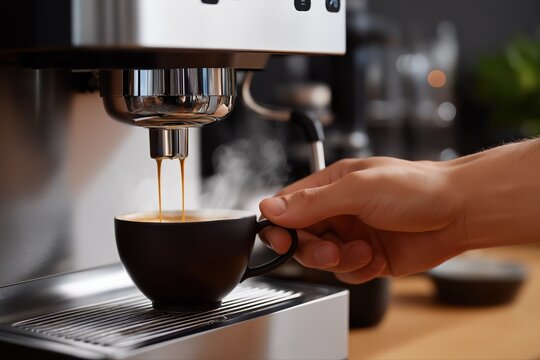 Close-up of caucasian hand preparing espresso with modern coffee machine