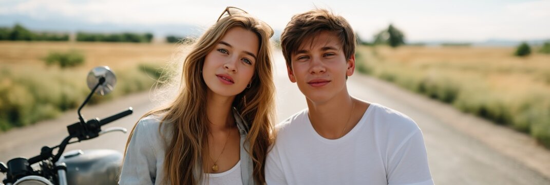 Young caucasian couple with motorcycle on rural road - Powered by Adobe