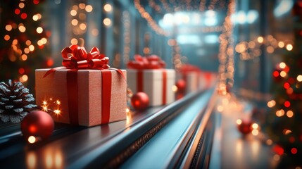 Colorfully wrapped gift boxes with ribbons move along a conveyor belt adorned with twinkling lights during the festive holiday season