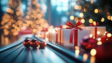 Gift boxes wrapped in vibrant paper and topped with ribbons glide along a conveyor belt, surrounded by sparkling lights that enhance the holiday mood.