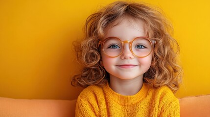 A cheerful child with curly hair and colorful glasses smiles against a bright yellow background during a sunny afternoon